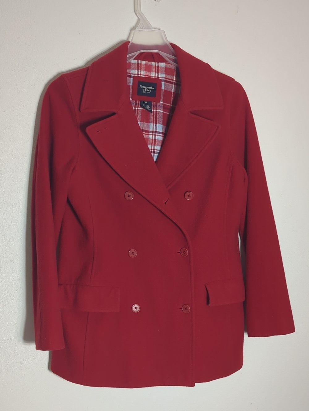 Vintage 90s Abercrombie & Fitch Womens Red Wool Pea Coat Double Breasted Medium